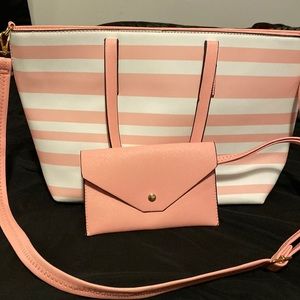 Pink and white stripped purse with wallet